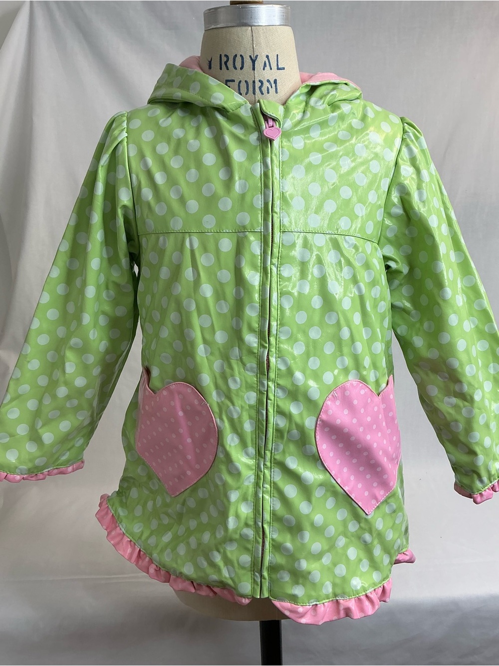 2086 - OshKosh B'gosh Lime Green Polka Dot Raincoat with Pink Heart Pockets